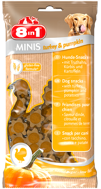 8in1 Minis Kalkun & Gresskar, Stort utvalg Godbiter og Snacks til Hunder